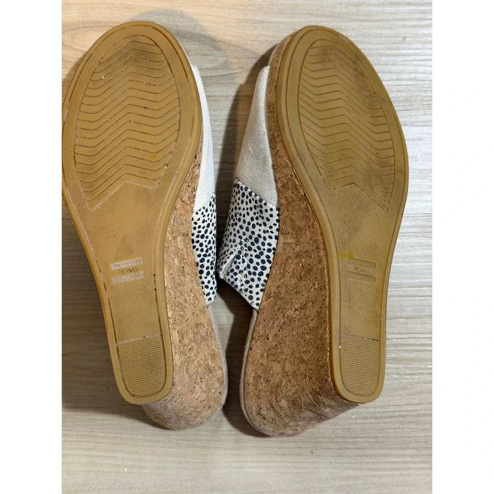 TOMS Wedge Sandals Beige W8 Womens Polka Dot Cork Heel Open Toe Slides